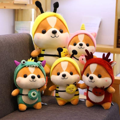 shiba squad avatar like plush toys, five of them on a couch