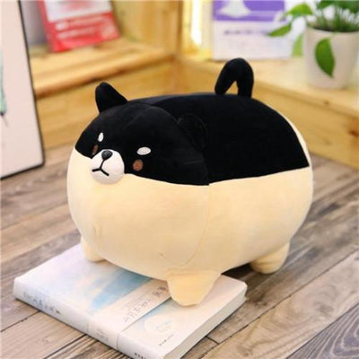 Chonky black angry shiba plush pillow with a scowl