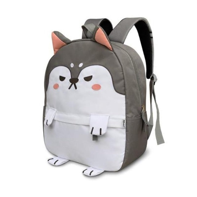 Gray shiba inu rucksack on white background