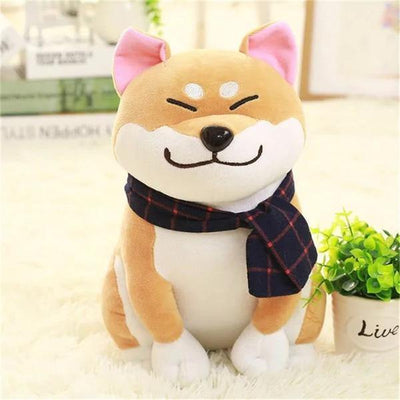 brown japanese plush cheeky shibe, with a scarf, closed eyes slanted upward and pink fluffy ears