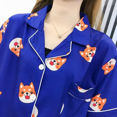 Collor of blue pajama shirt with a shiba design