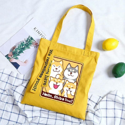 yellow tote bag with four shiba inus design