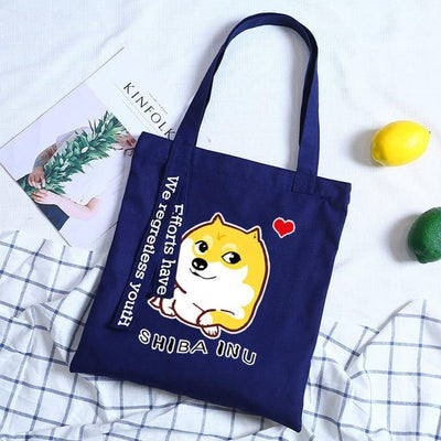 Blue tote bag with a shiba and a heart