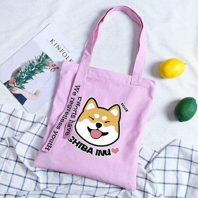 Smiley shiba on a purple tote bag