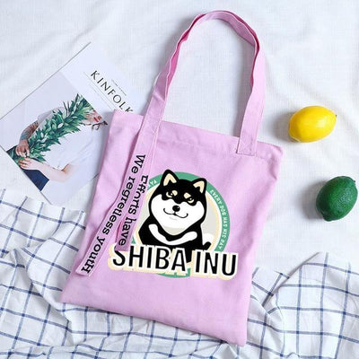 Purple tote bag with a black shiba inu