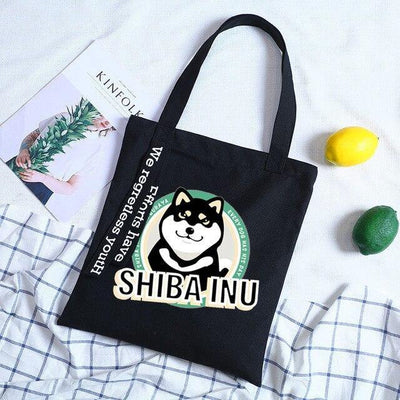 Black tote bag and a black shiba