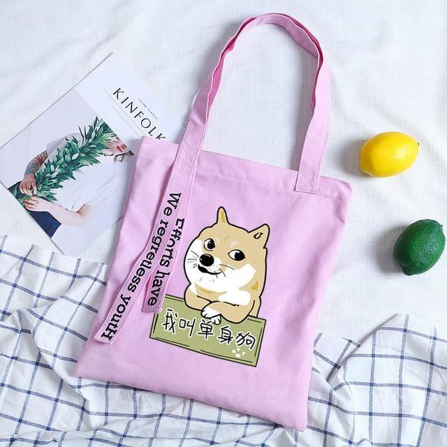 Shiba with a cheeky grin on a purple tote bag