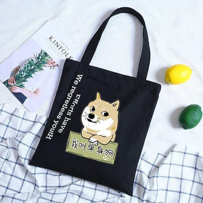 Black tote bag and a shiba