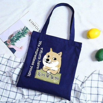 Navy Blue bag with a shiba leaning on something