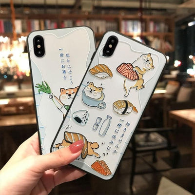 Shiba inu pattern on a phone case with sushi