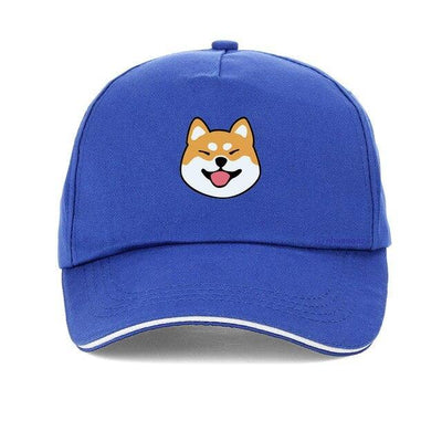 A shiba inu dog printed onto a light blue cap