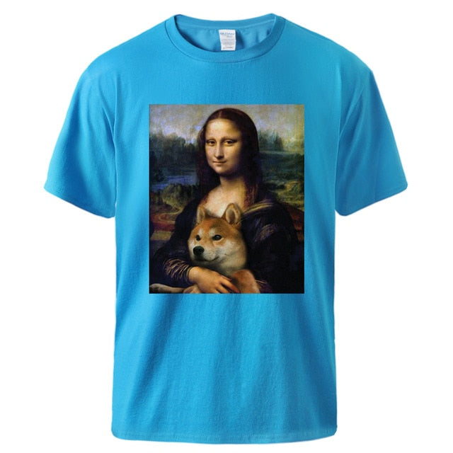 A light blue tshirt with a shiba and a monalisa