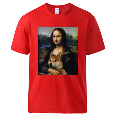 Monalisa and she is holding a shiba on a red top