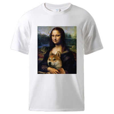 white t-shirt with the monalisa and a shiba inu