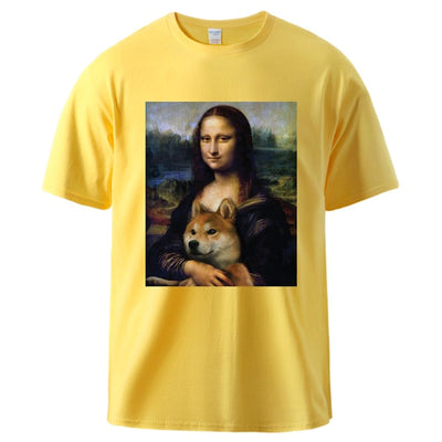 yellow top with the monalisa on it