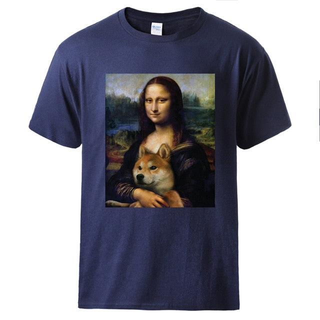 A blue top with a shiba on it and also the monalisa