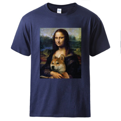 A blue top with a shiba on it and also the monalisa