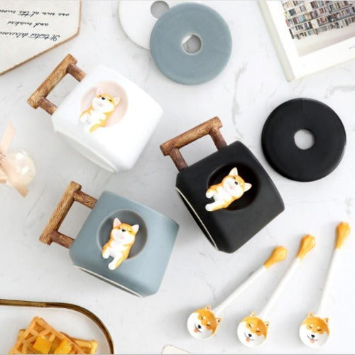 Shiba cups on a table with lids off and spoons