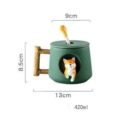 Measurments of a green cup with a shiba figure on it