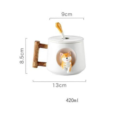 White shiba inu cup with a stirrer and wooden handle