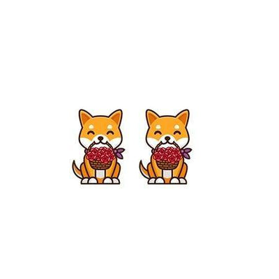 Shiba inu dogs holding a basket of flowers with their mouths earrings