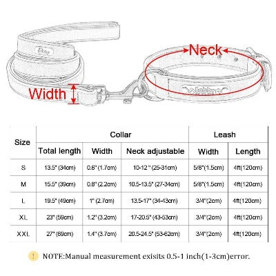 Size chart for shiba collar and leash