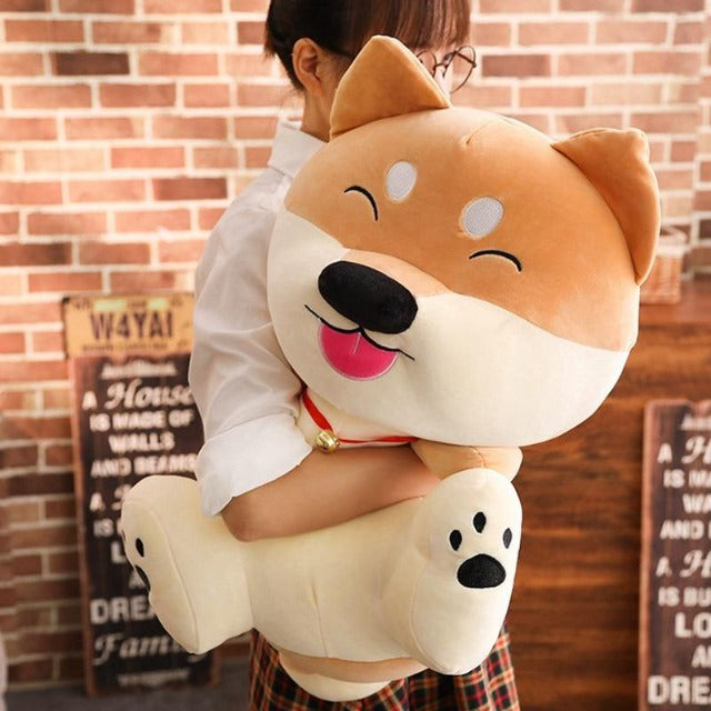Woman hugging a shiba inu plush cartoon