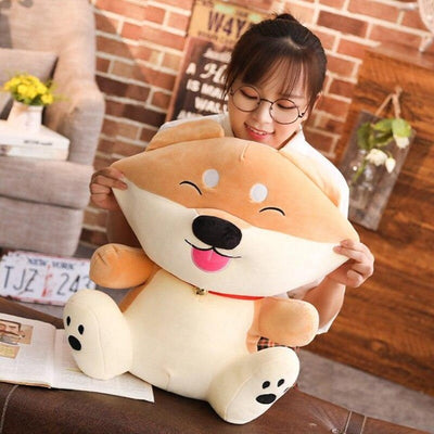 Face being pulled apart by a woman of a shiba inu stuffie