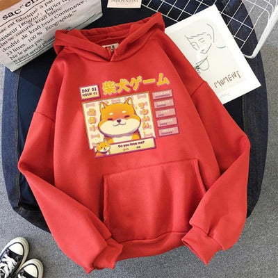Red shiba inu sweater that has pockets and anime design