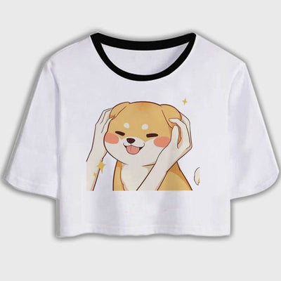 a shiba inu dog with hands embracing design on crop top