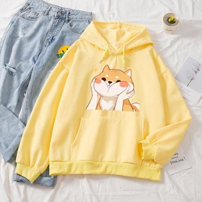 yellow hoodie with a shiba inu on it