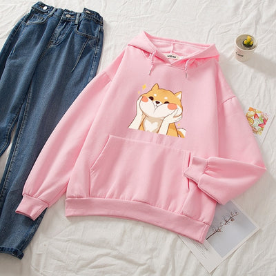 pink hoodie with a shiba printed on it