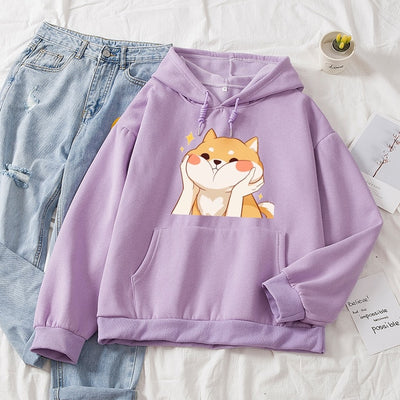 purple fleece hoodie with a shiba that is blushing