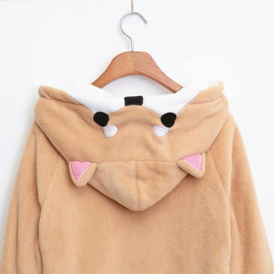 The hood of the shiba hoodie showing eyes, ears and nose