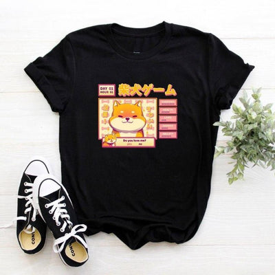 Black shiba tshirt by shoes and plant