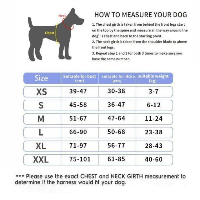 Size chart for harness
