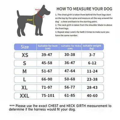 Size chart for harness