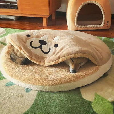 Shiba on a bed made of plush fabric