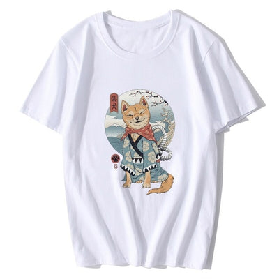 A white t-shirt with a shib wearing a japanese dress