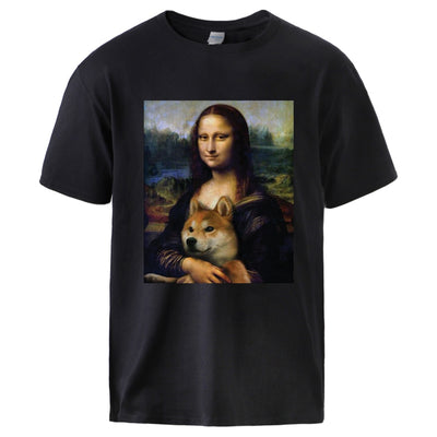 MonaLisa sitting with a shiba dog on a black top