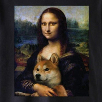 zoom in on the design of the monalisa and a dog