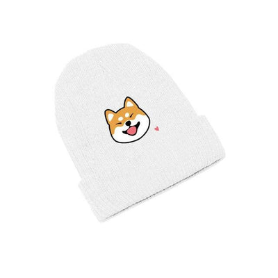 white beanie with a shiba with tongue hanging out