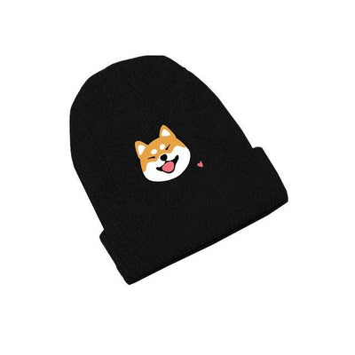 black beanie with a shiba face and a heart