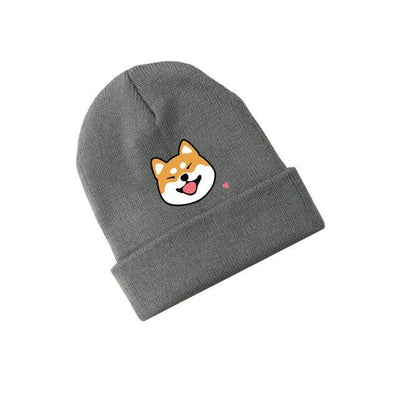 Gray beanie with a shiba with ears pointing out