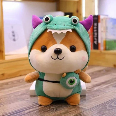 shiba squad plush wearing a green monster outfit