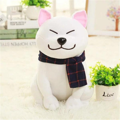 white shiba dog japan plush with a pot of plants, with love written on it next to him on a white carpet